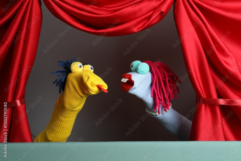 Naklejka premium Creative puppet show on stage with red curtains