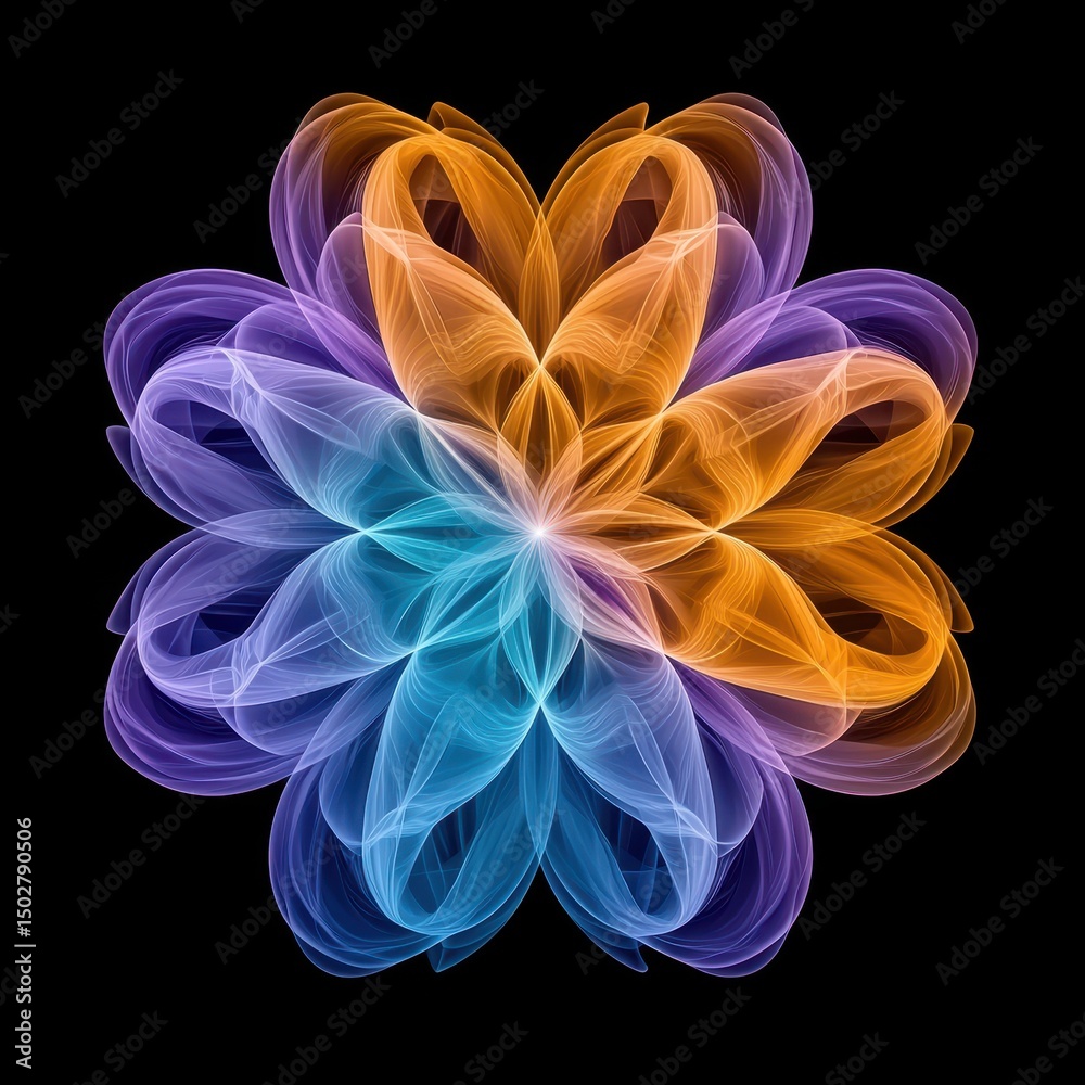 Obraz premium Symmetrical Floral Design in Purple Orange and Blue on a Black Background