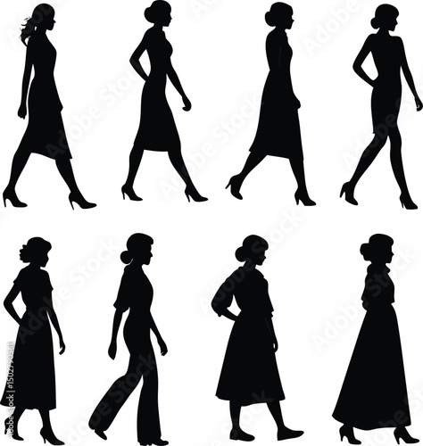 Silhouette illustrations of elegant women in different dresses and heels striding forward