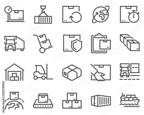 Simple Set of Package Delivery Related Vector Line Icons. Contains such Icons as Warehouse, Worldwide Shipping, Package Return and more