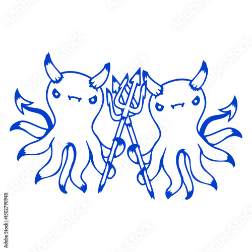 2 octopus devil hell team friends satan evil sweet Isolated Vector Graphic Design Illustration
