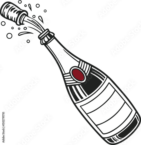 Popping Champagne Bottle Illustration with Cork and Bubbles