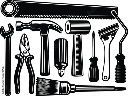 Vector set of construction tools icons including hammer, wrench, screwdriver, saw, and pliers for design