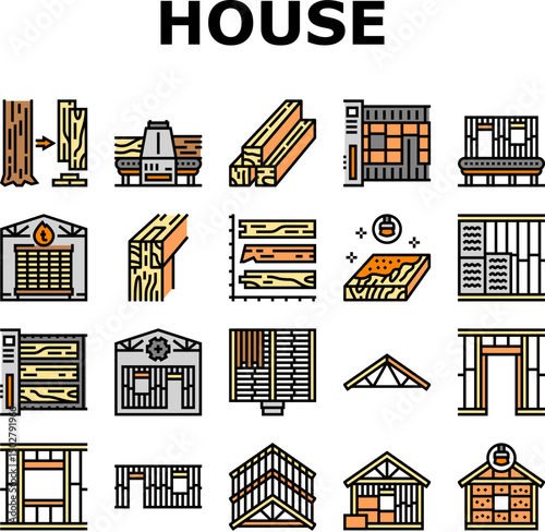wood frame house construction icons set vector