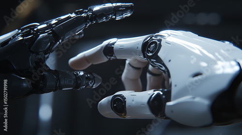 Human touching robot index finger in futuristic setting, AI and humanity connection concept, technology interaction, Robot finger touching to human finger, Made by Generative Ai 