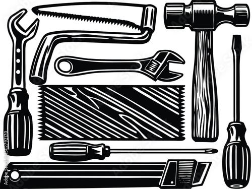 Vector set of construction tools icons, a black silhouette collection of equipment illustrations for your design