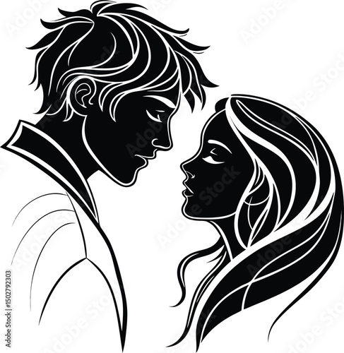 Silhouette artwork of a romantic couple gazing at each other in love and affection