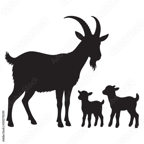 black coloor goat silhouettes vector set with baby goat and wildlife elements in cartoon and realistic styles