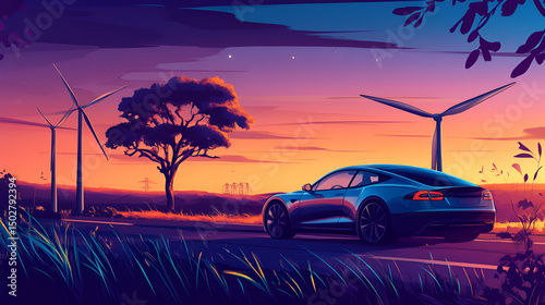 Illustration of contemporary electric vehicle charging at modern station, clean energy concept, future transportation, Made by Generative Ai