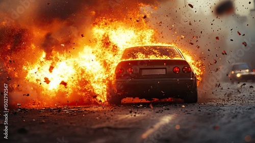 A car engulfed in a violent explosion a scene of chaos and destruction on a city street under intense fiery