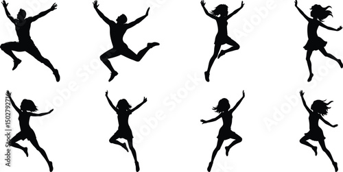 Silhouettes of jumping people set. Collection of person jumping vector illustration on transparent background, PNG