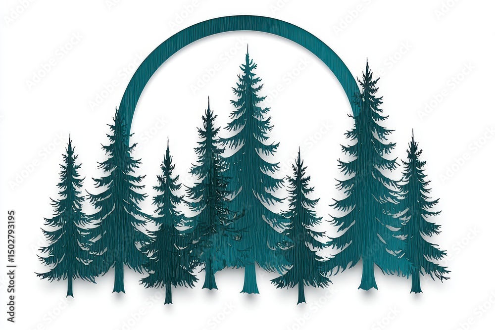 Obraz premium Teal Evergreen Trees Emblem with Arc Isolated on White Background Graphic Illustration
