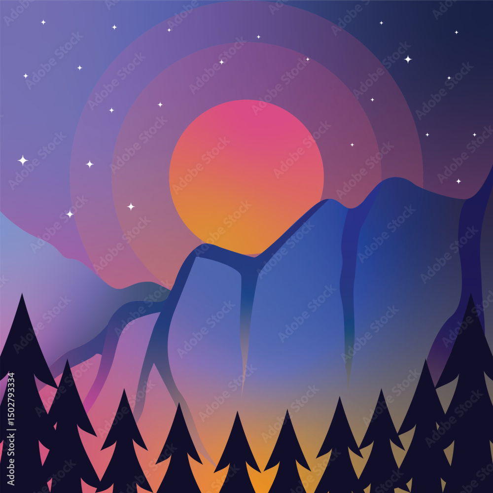 Obraz premium mountain landscaped vector illustration template graphic design . forest and nature night view sign or symbol for adventure and wanderlust travel business