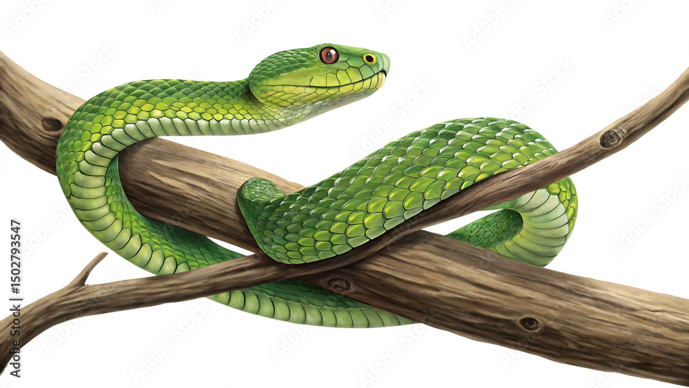 Obraz premium Green tree viper snake coiled on branches isolated on a white background