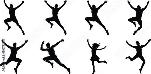 Silhouettes of jumping people set. Collection of person jumping vector illustration on transparent background, PNG