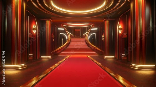 Red carpet grand staircase, opulent interior, luxury hotel lobby