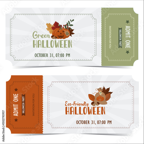 Green Halloween Party Invitation Ticket Template Set.  Eco-friendly Halloween event tickets. sustainable party themes with October 31st date. Flat style. Vector illustration