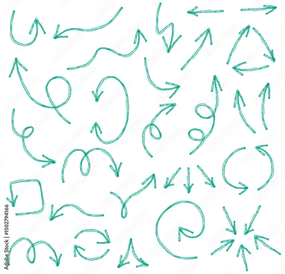 Obraz premium Turquoise curved arrows collection hand sketched symbols for flow and direction, Flat Illustration