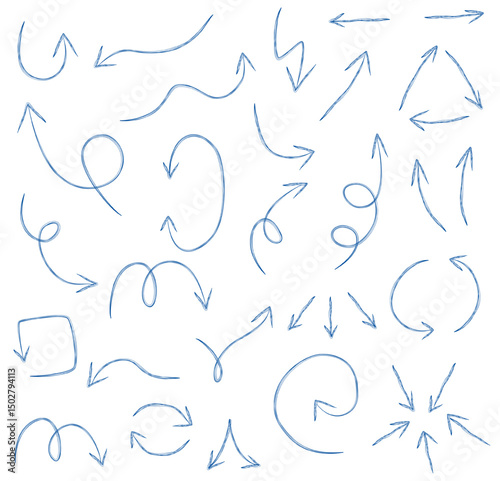 Light blue arrows set soft hand drawn curved direction lines in minimal style, Flat Illustration

