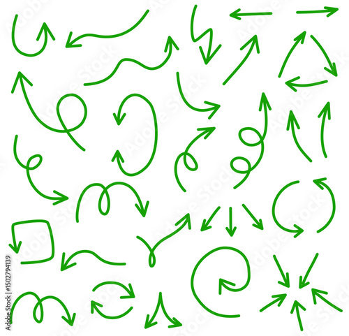 Green sketch arrows set hand drawn flow direction symbols in organic design, Flat Illustration


