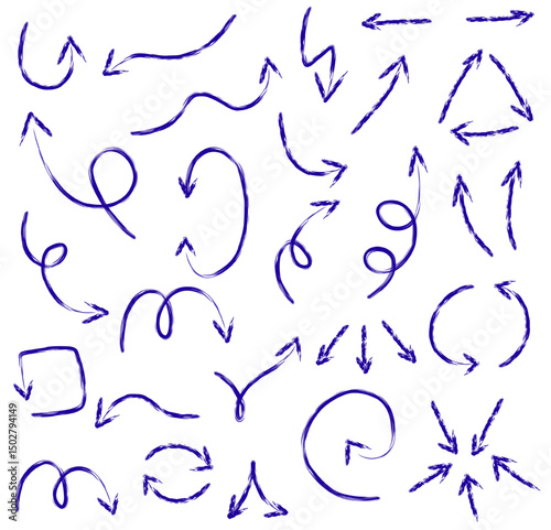 Blue hand drawn arrows collection sketch direction symbols on white for infographic use, Flat Illustration

