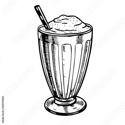 A vintage-style milkshake in a tall glass with a straw. The drink has a creamy texture and is topped with whipped cream. Ideal for retro-themed food concepts.