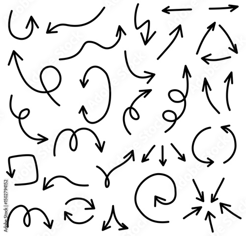 Black hand drawn arrows doodle set curved sketch symbols on white background, Flat Illustration

