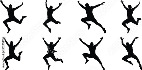 Silhouettes of jumping people set. Collection of person jumping vector illustration on transparent background, PNG