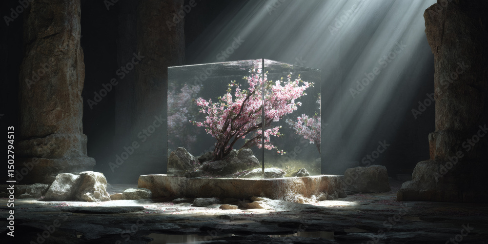 Obraz premium Ethereal Cherry Blossom Display: A Tranquil Scene with a Tree in a Glass Cube Bathed in Light Amongst Ancient Stone Pillars in a Dark and Mysterious Room