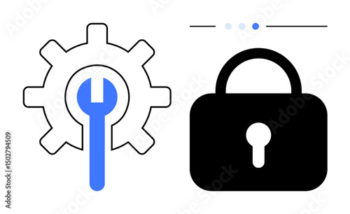Gear with blue wrench symbolizes system configuration black lock ensures security. Ideal for cybersecurity, privacy, troubleshooting, IT services, maintenance, technology, simple landing page