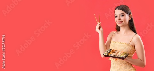 Young woman with tasty sush...