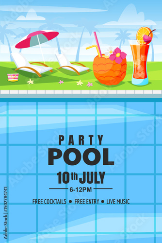 Summer pool party banner, beach club poster design. Cocktails on resort landscape background. Vector illustration