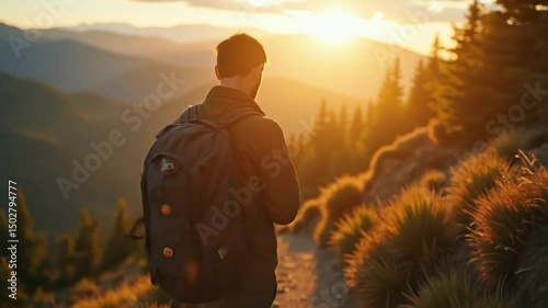 Man Using Mobile Phone During Mountain Hike at Sunset