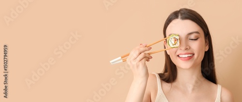 Young woman with chopsticks...