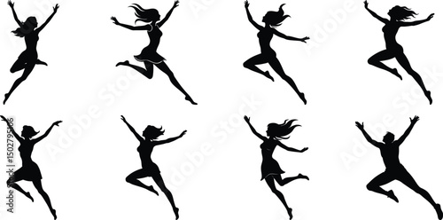 Silhouettes of jumping people set. Collection of person jumping vector illustration on transparent background, PNG