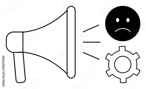 Loudspeaker emitting lines, sad face symbolizing dissatisfaction, gear representing problem-solving. Ideal for feedback, complaints, communication, improvement, marketing, automation simple landing