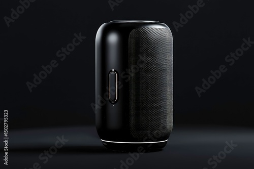 Modern smart speaker with touch controls and led indicator, featuring sleek black design and multi-function buttons for voice assistant and connectivity