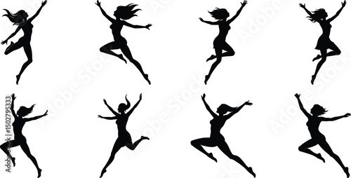 Silhouettes of jumping people set. Collection of person jumping vector illustration on transparent background, PNG