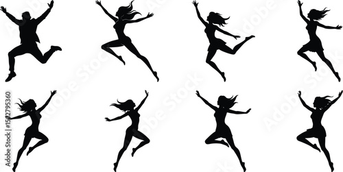 Silhouettes of jumping people set. Collection of person jumping vector illustration on transparent background, PNG