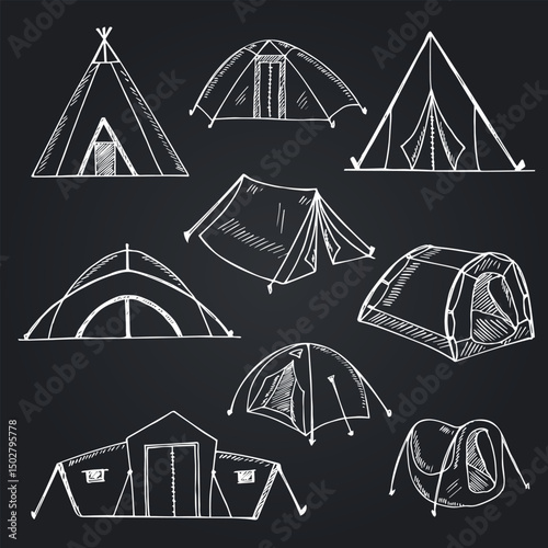 Hiking and camping hand drawn doodle set. Vector illustration. Isolated elements on white background. Symbol collection.