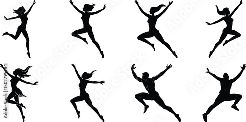 Silhouettes of jumping people set. Collection of person jumping vector illustration on transparent background, PNG