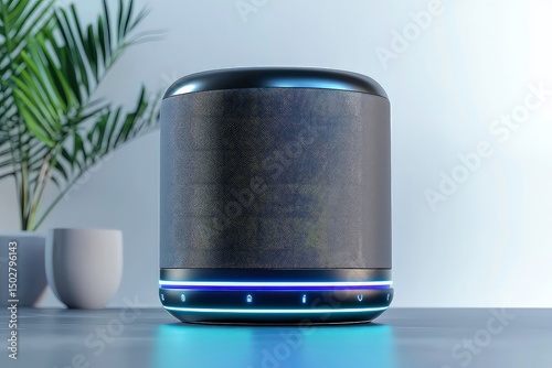 Modern smart speaker with touch controls and led indicator, featuring sleek black design and multi-function buttons for voice assistant and connectivity