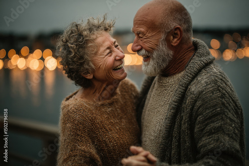 Älteres Paar tanzt lachend im warmen Abendlicht am Wasser, Elderly couple dancing and laughing in warm evening light by the water