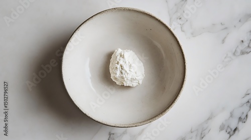 A scoop of white substance in a ceramic bowl on a marble surface