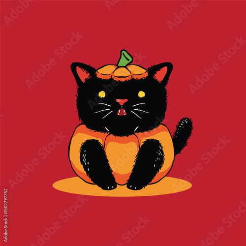 Illustration of spooky but cute cat inside pumpkin fruit. Black fur and shining fang. Cartoon character for halloween celebration