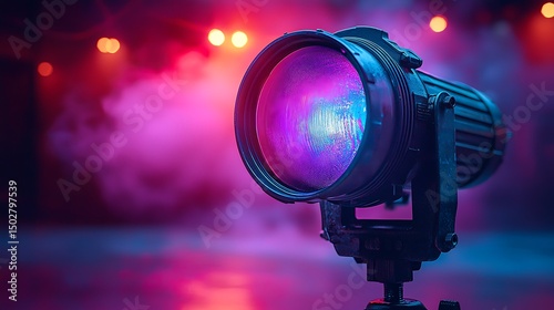 Dramatic stage spotlight projecting vibrant purple and blue hues into a smoky atmosphere high resolution photo