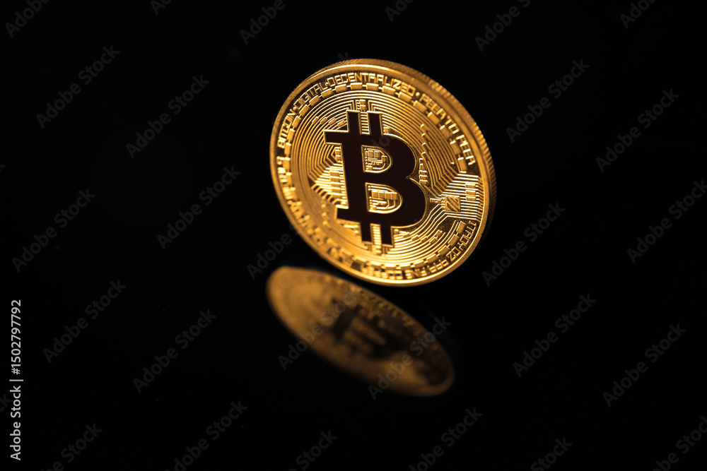 Cryptocurrency. Bitcoin on black mirror surface, closeup Cryptocurrency. Bitcoin on black mirror surface, closeup