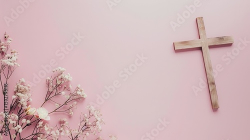 Light Pink Easter Background with Cross and Baby's Breath Flowers