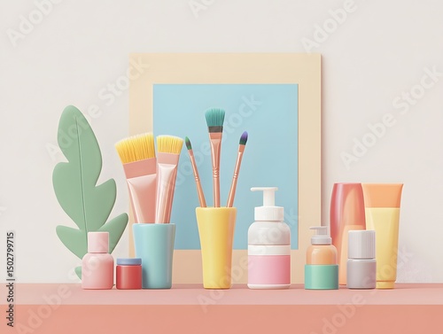 Cosmetic Array: An array of cosmetic products and makeup brushes arranged artistically in a modern and minimalist style, showcasing a range of beauty essentials in a visually appealing composition.