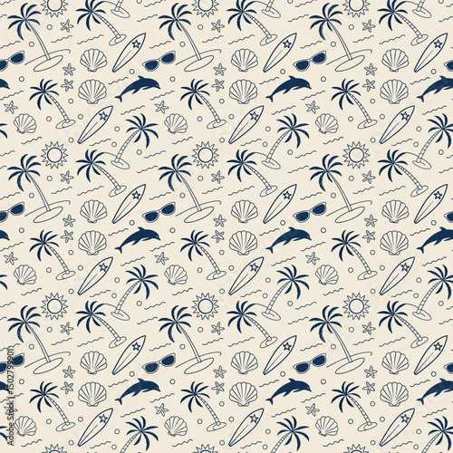 Colourful summer pattern, Background with hand drawn holiday icons, Vector illustration design